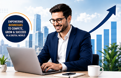 Business owner working on a laptop, managing their company website