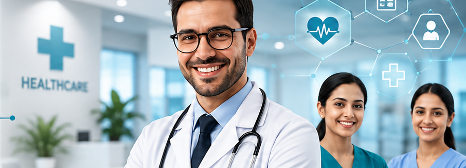 Doctor with staff in this image